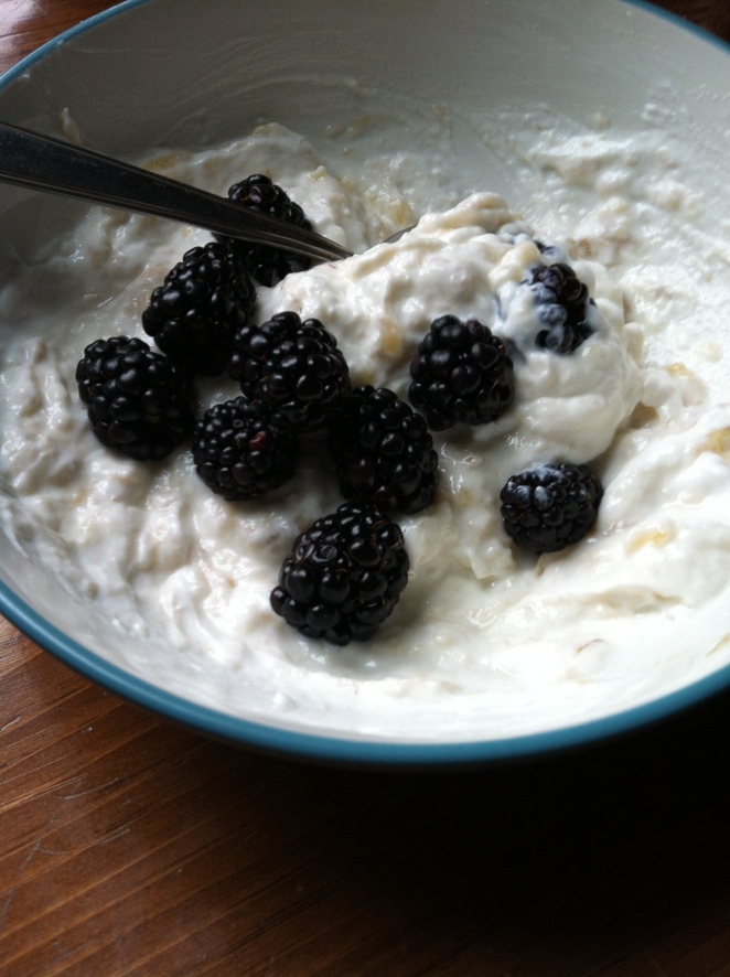 Fage with banana and blackberries